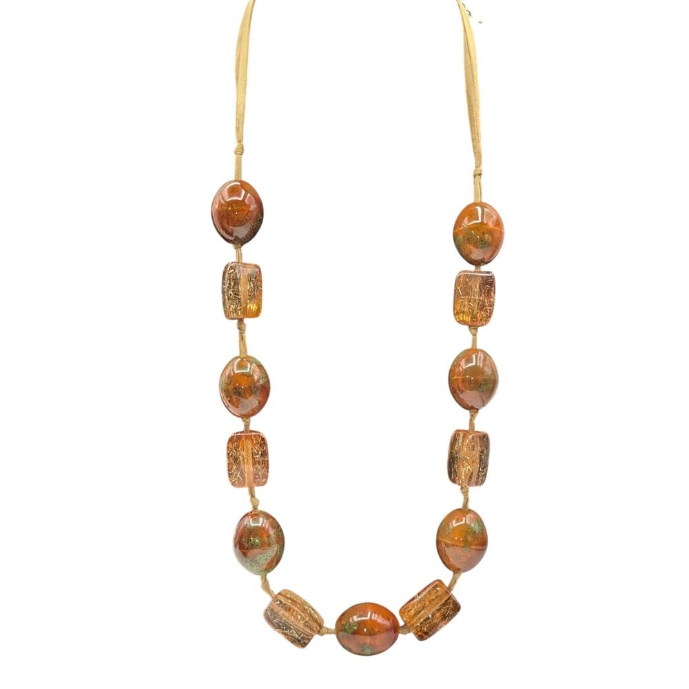 Chico's Very Chunky Heavy Ribbon Strung Glass & Lucite Bead 38"-42" Necklace
